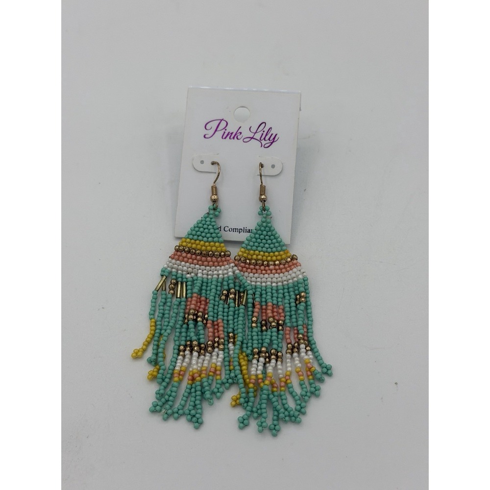 Pink Lily Beaded Fringe Earrings Boho Tribal Turquoise Pink Statement Dangle